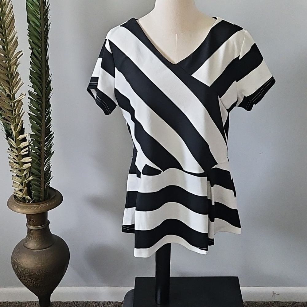 Agnes Orinda Black and White Striped Peplum Blouse